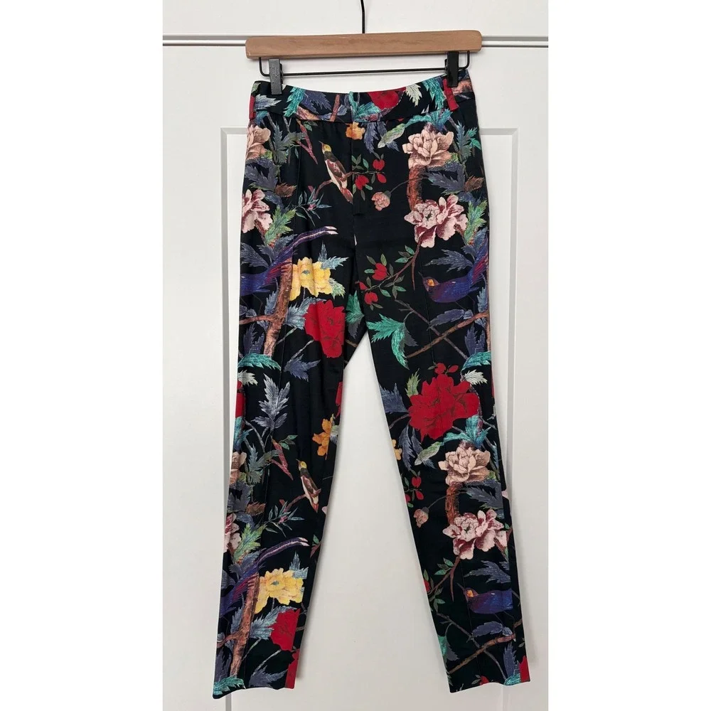 Alice + Olivia Floral Whimsigoth Bird Print Trousers Slim Leg  Black  Size 6